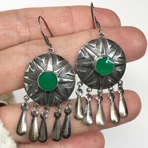 Sterling Silver Sun Shield Disk Green Onyx Dream Catcher Dangle Fringe Earrings